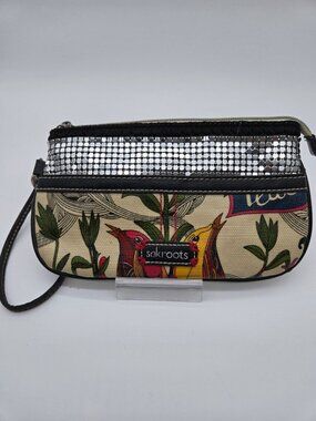 Sakroots Peace Nature Floral Silver Sequin Clutch Pouch Wristlet Bag